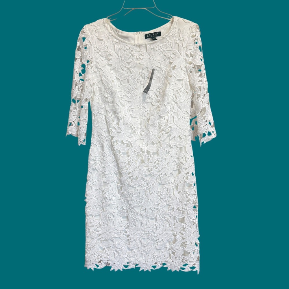 Lauren Ralph Lauren Lace Sheath Dress Floral 6 White NWT 3/4 Sleeve Cocktail